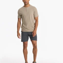 Short Sleeve Ever Henley | Gravel -Deals Haute Drape Store V165GRV SP23 M ECOMM TOPS DETAIL 2777 1x1 updated